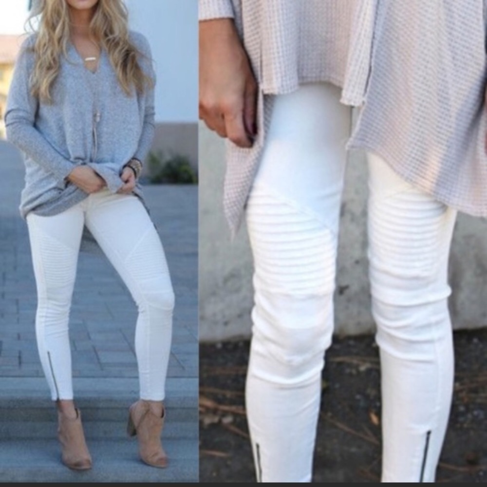 White Leggings w Moto Stitching